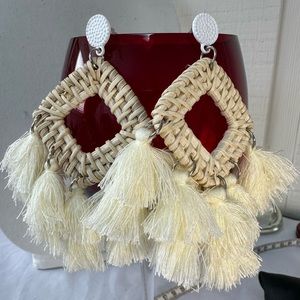 Large beach vibe beige multi tassel earrings